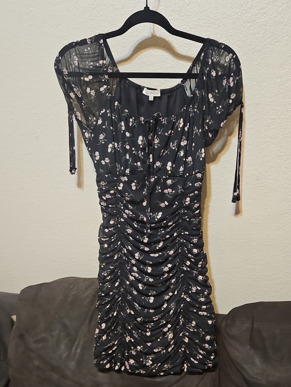 Ultra Flirt Black Floral Ruched Midi Dress with Puff Sleeves